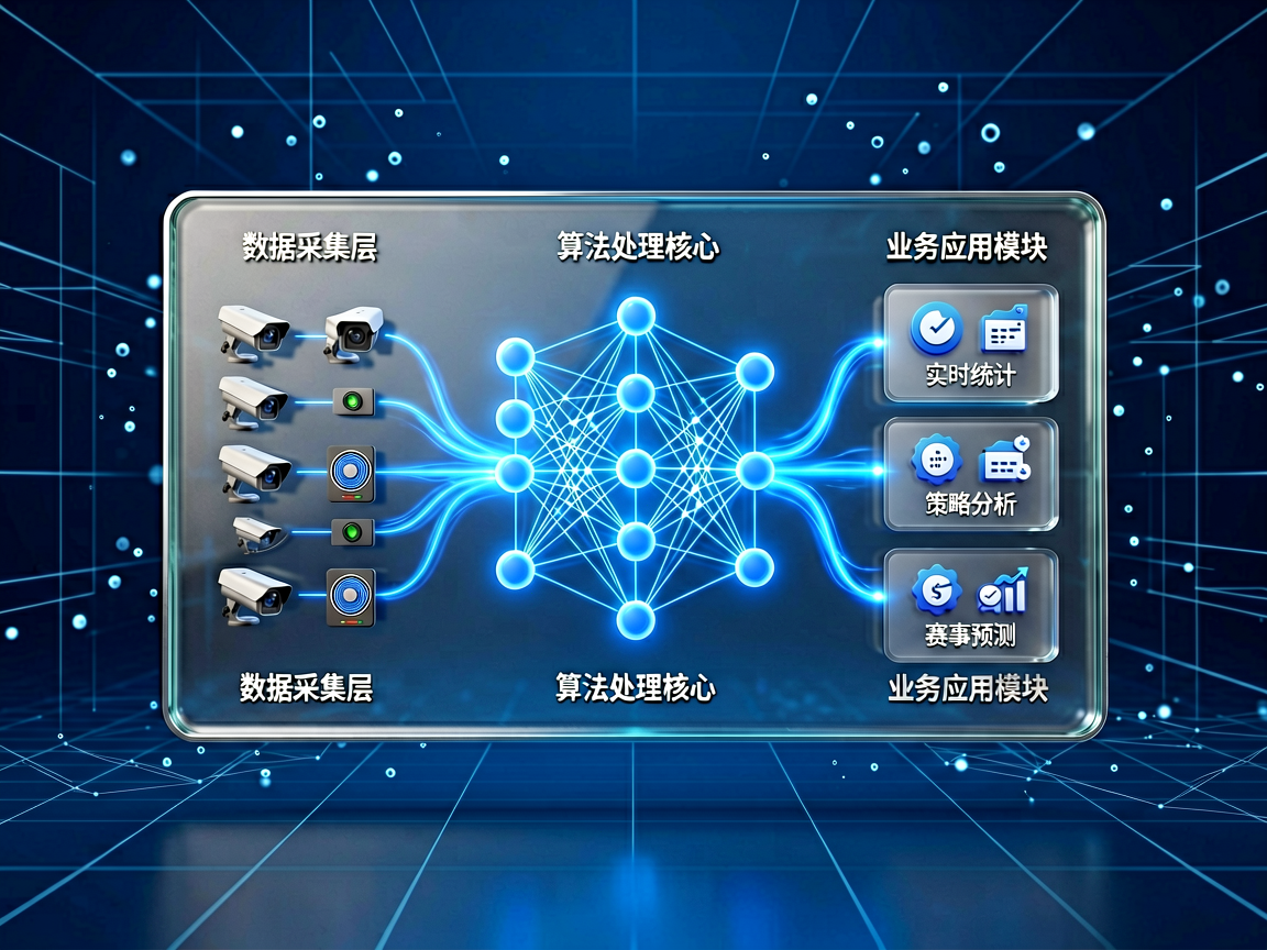 体育智能科技平台架构示意，体现数据、算法与业务模块的结构化组合